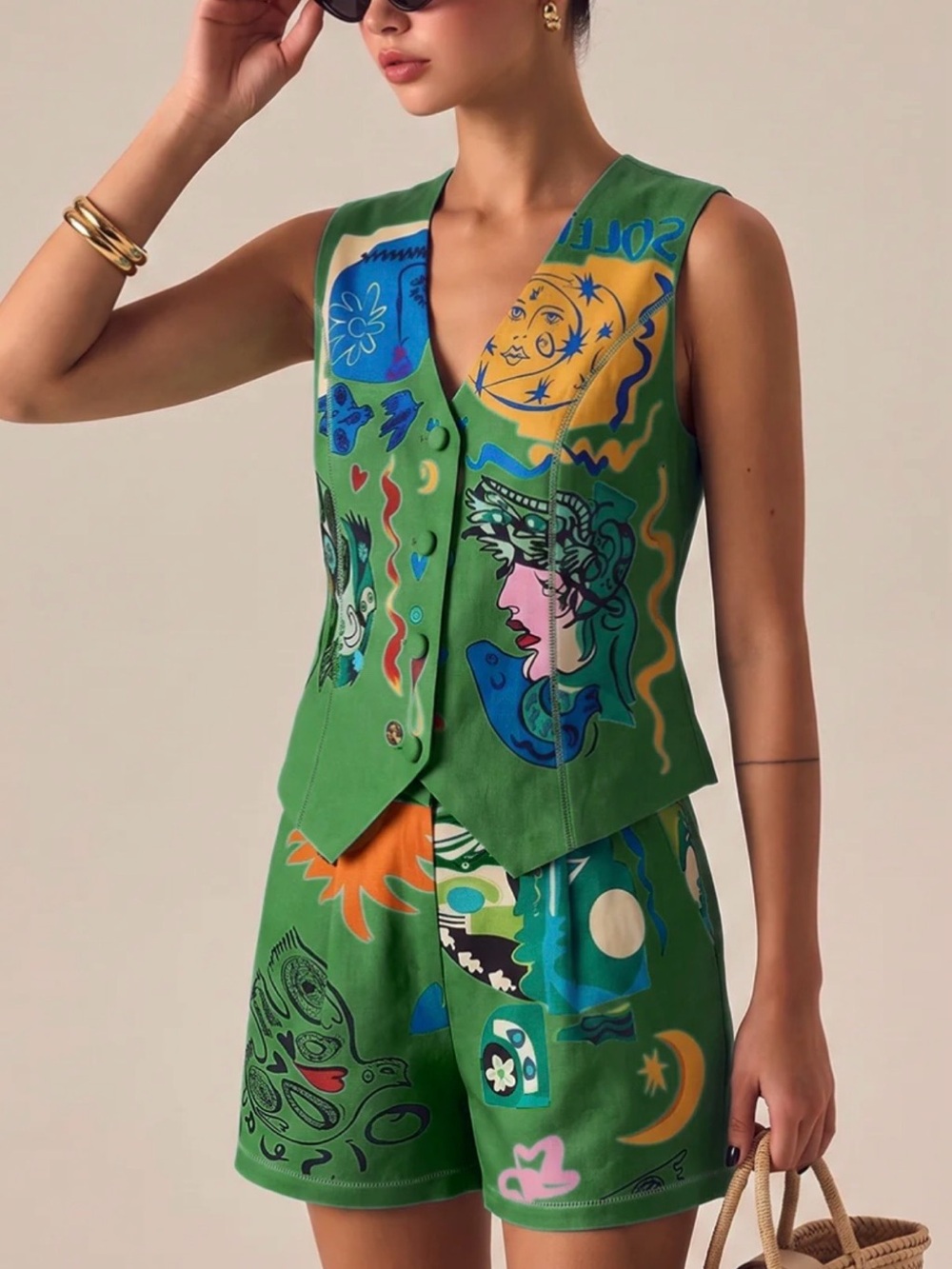 Abstract Art Print Vest & Shorts Set